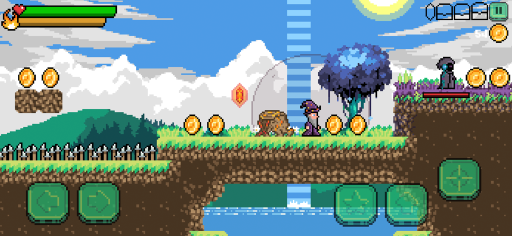Magic Forest : 2D Platformer - Um mago em pixel art navegando em um nível de plataforma 2D e coletando moedas de ouro