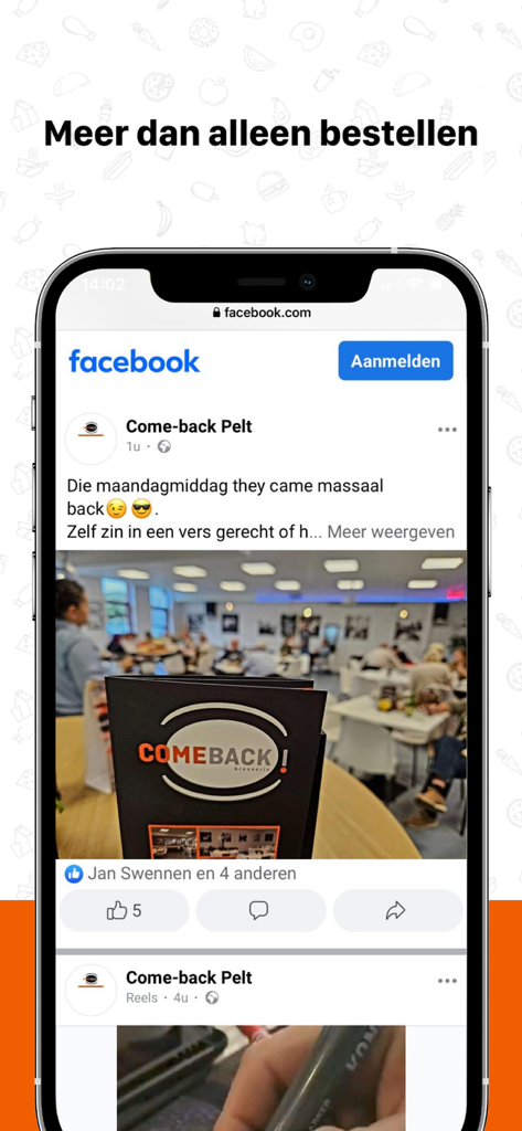 Come - Back - Pantalla de smartphone que muestra el feed de redes sociales de Facebook del restaurante Come-back y actualizaciones de la comunidad