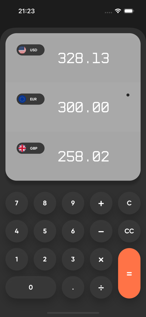 2Convert – Currency Converter - Interface of 2Convert app showing simultaneous conversion between USD EUR and GBP with a numeric keypad