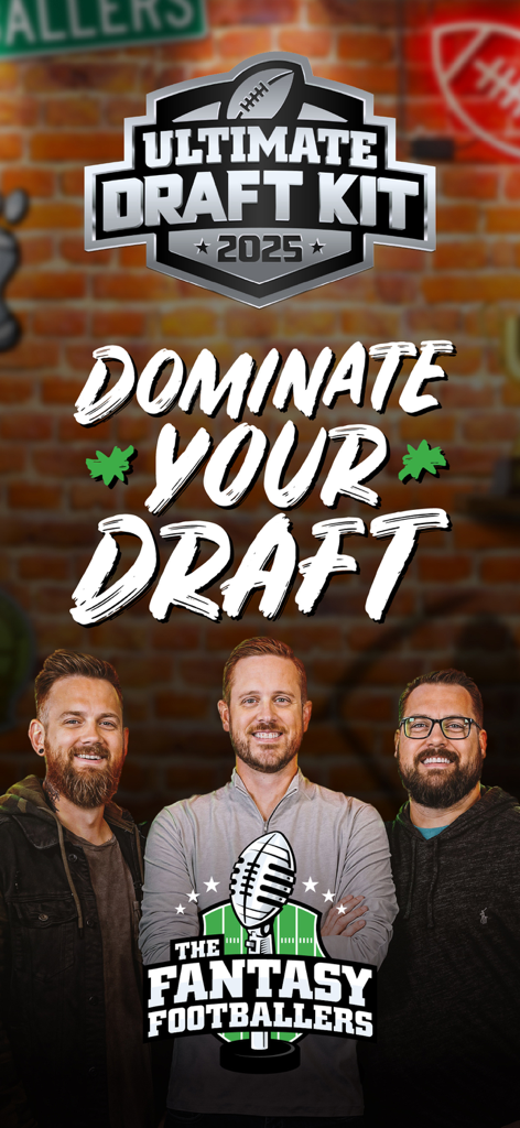 The Fantasy Footballers hosts Andy Mike and Jason promoting the 2025 Ultimate Draft Kit with the slogan Dominate Your Draft