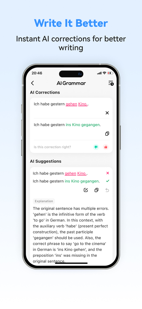 Uma captura de tela do aplicativo German Ai mostrando correções de gramática em tempo real e explicações detalhadas para uma frase em alemão.