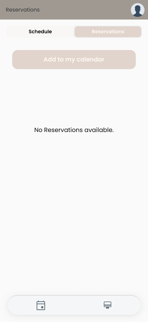 Reservations screen of the Flow Form app featuring a schedule toggle and a button to add bookings to the user calendar