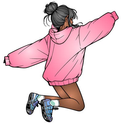 realistic girl jumping with a bun and oversized sweatshirt