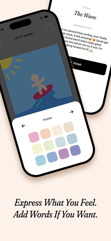 Paint My Day – Art Journal - Una interfaz de aplicación móvil para diario de arte digital que muestra una pantalla de dibujo con una paleta de colores pastel y un área de descripción de texto.
