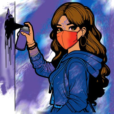 realistic girl with mask spray painting a wall