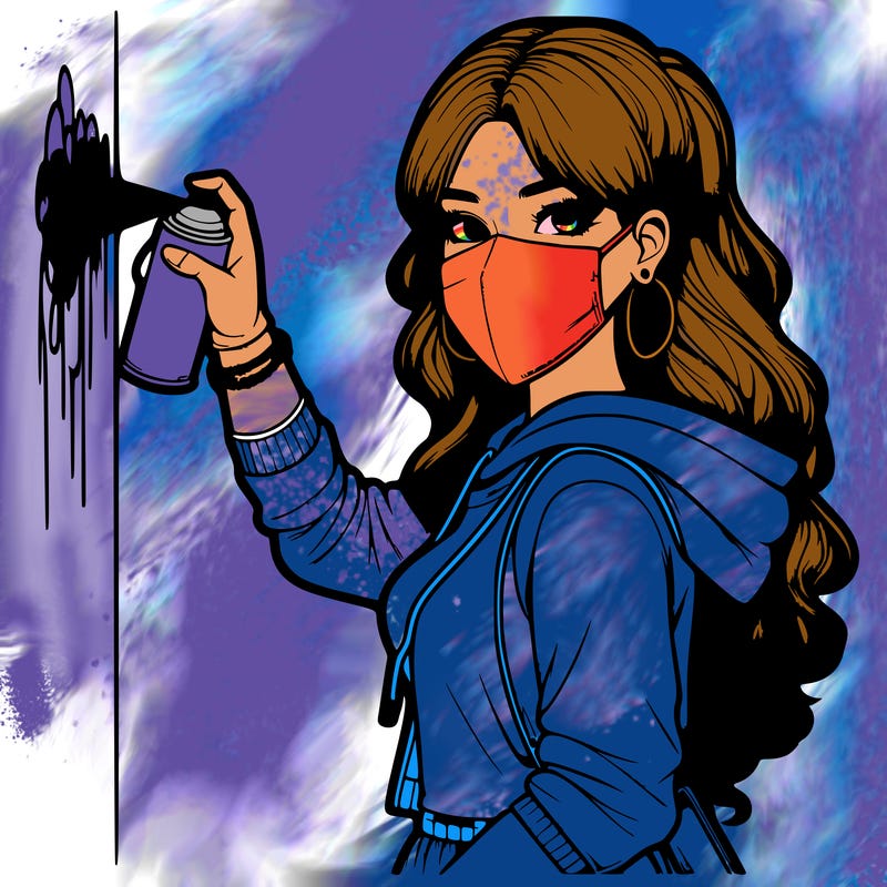 realistic girl with mask spray painting a wall