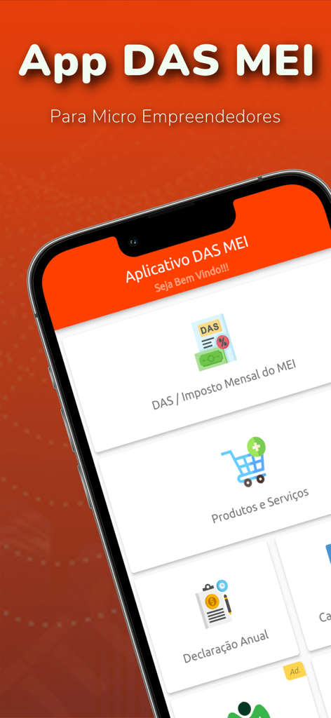 DAS MEI - Emitir Boleto MEI - Pantalla de inicio de la aplicación móvil DAS MEI para microempresarios brasileños que muestra las opciones del menú