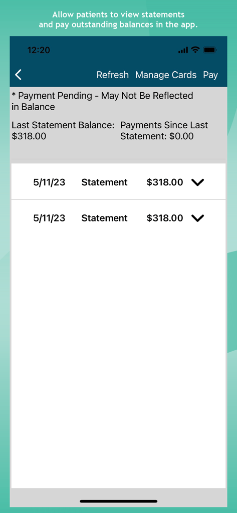 eClipboard 24 - Patient view of dental statements and outstanding payment balances in the eClipboard 24 app