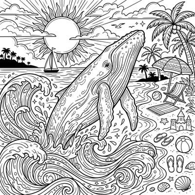 Capture the exhilarating moment of a majestic whale breaching in this vibrant summer-themed coloring page. Immerse yourself in a detailed beach scene, perfect for an artistic escape.