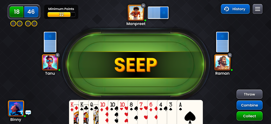 Seep King - Seep King online multiplayer card game screen showing a four player match with a green table and card hand