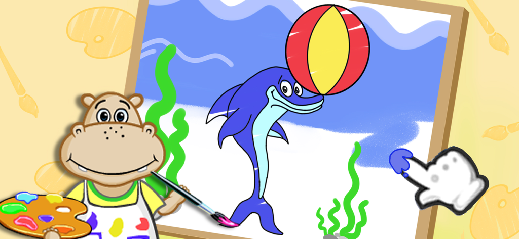 Joyland - Toddler ABC Games - Um hipopótamo artista de desenho animado pintando um golfinho em uma tela digital em um jogo educativo para crianças pequenas