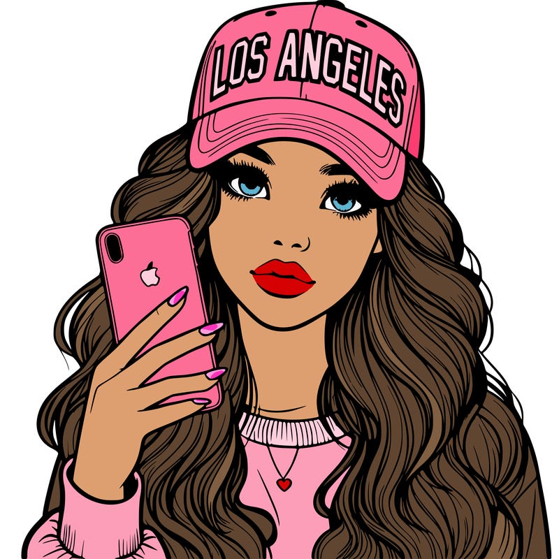 realistic beautiful girl wearing los ángeles cap holding an iphone