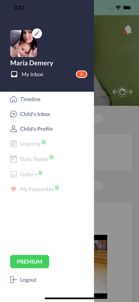 Side navigation menu of the Little Vista Family app showing user profile and childcare tracking options like timeline and child inbox