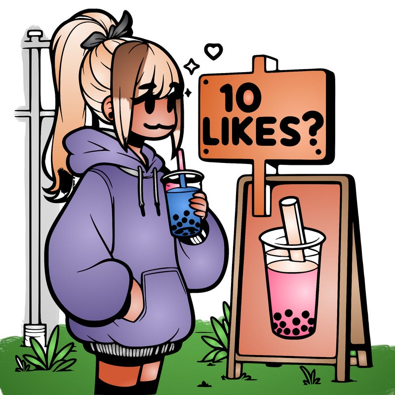 girl with oversized hoodie drinking boba and she has a high ponytail with a sign that says 10likes?