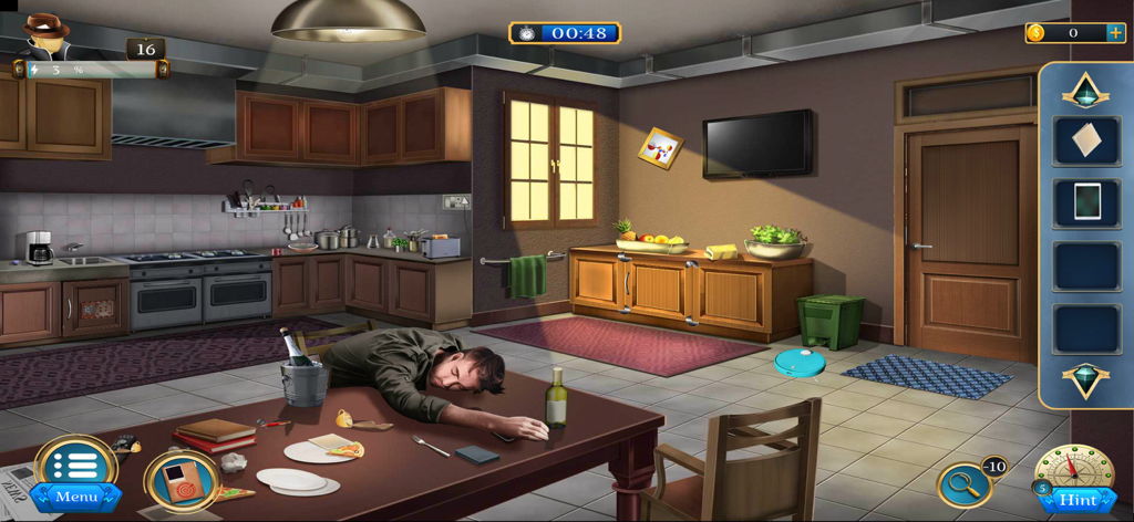 Room Escape: Detective Phantom - A man slumped over a table in a kitchen crime scene from the game Room Escape Detective Phantom