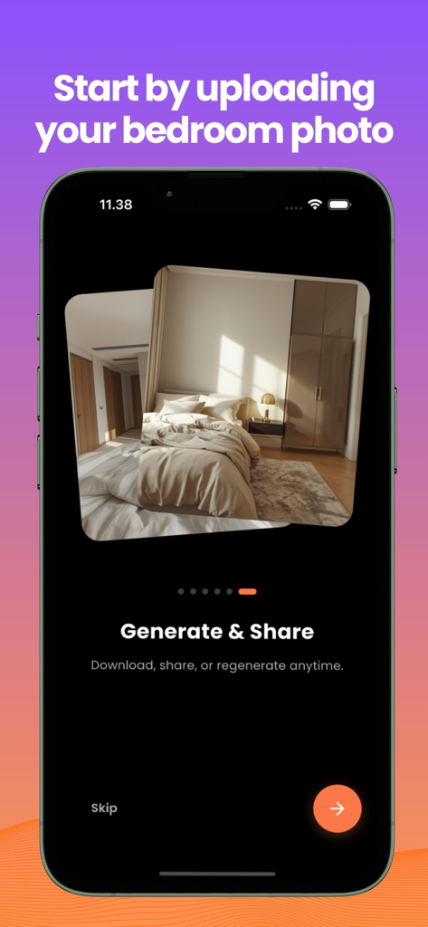 Bedroom Design AI Planner - Onboarding screen for Bedroom Design AI Planner showing room photo upload and generation features
