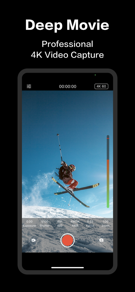 Deep Movie pro camera app interface capturing a skier in 4K with manual video controls for ISO and shutter speed