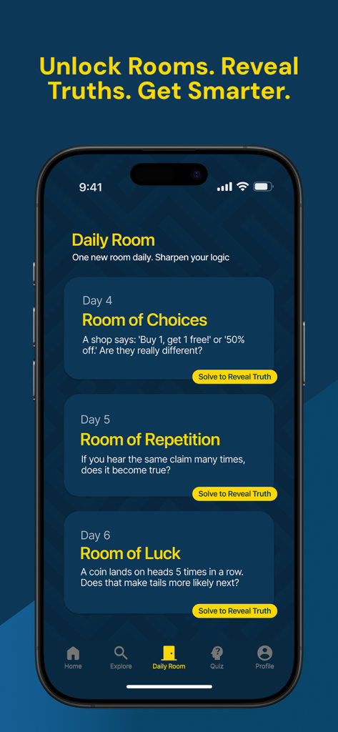 Interfaz de acertijos de lógica diarios de la app Minichat mostrando la sala de opciones y retos de repetición.