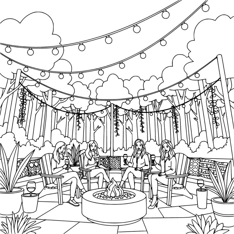 5 women posing for a photo while sitting around a fire pit drinking wine.  include string lights, outdoor decor, nature, etc