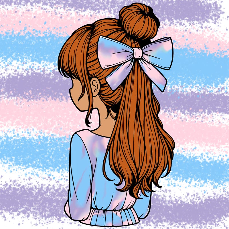 realistic girl  with hip length hair a bun and a big bow on the back of head