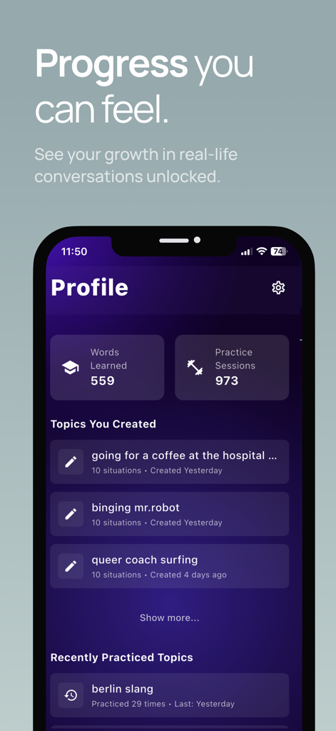 OGIMA Social Language Learning - OGIMA app user profile displaying words learned, practice sessions, and custom created language topics.