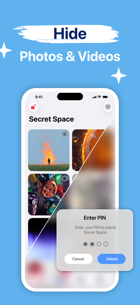 Phone Cleaner - Clean Up - An iPhone screen displaying the secret space feature used to hide photos and videos with a secure PIN lock prompt.