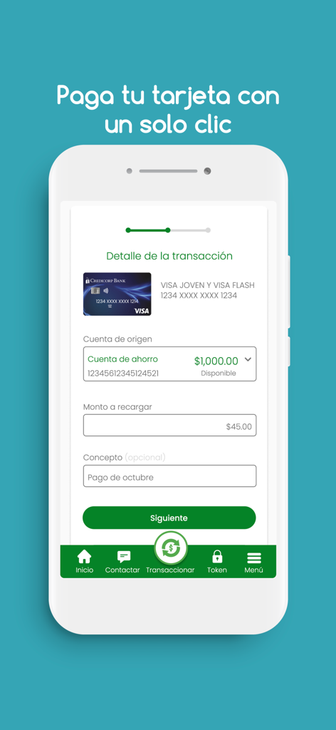 Mobile application interface for Credicorp Bank showing a credit card payment process.