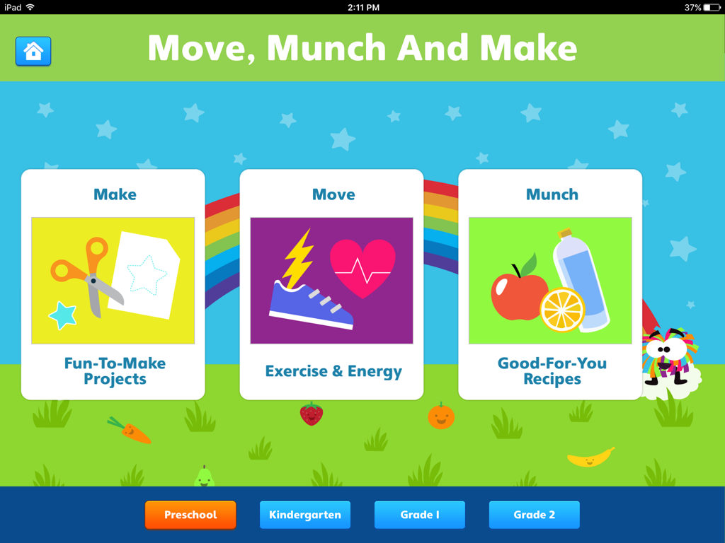 Skwids HD - Skwids HD app interface showing Move Munch and Make educational activity categories for children