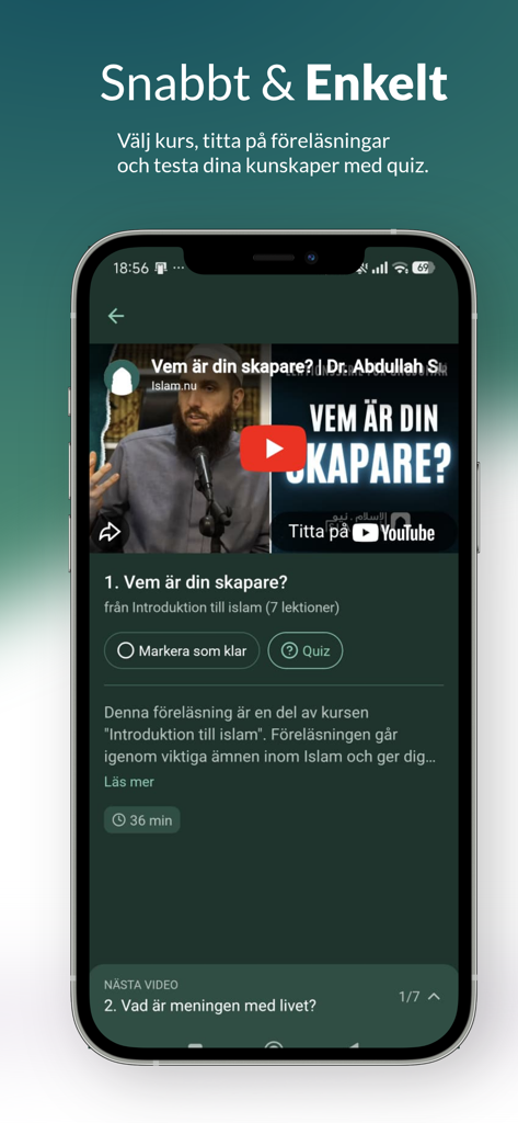 Islam.nu - Kurser - Screenshot of the Islam.nu app showing a video lecture in Swedish with a quiz option and course progress