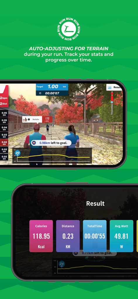 Handy-Bildschirme zeigen einen laufenden virtuellen Lauf und die endgültige Trainingszusammenfassung mit Kalorien und Distanz.