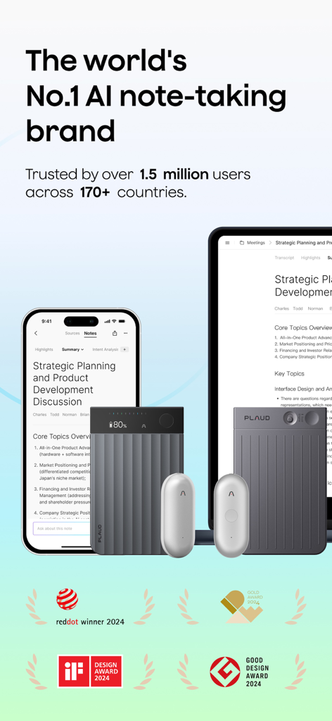 Plaud: AI Notetaker - Plaud AI note-taking app on smartphone and tablet shown with hardware devices and design awards