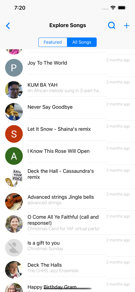 A list of virtual choir song projects in the Explore Songs section of the app