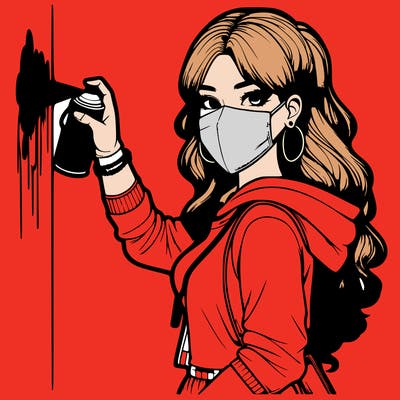 realistic girl with mask spray painting a wall