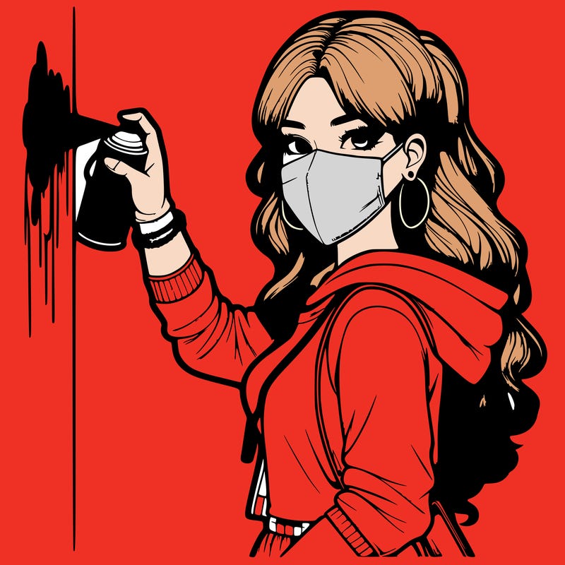 realistic girl with mask spray painting a wall
