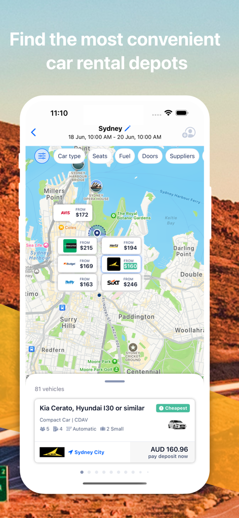 시드니의 다양한 렌터카 가격과 제공업체를 보여주는 VroomVroomVroom 앱 지도 보기