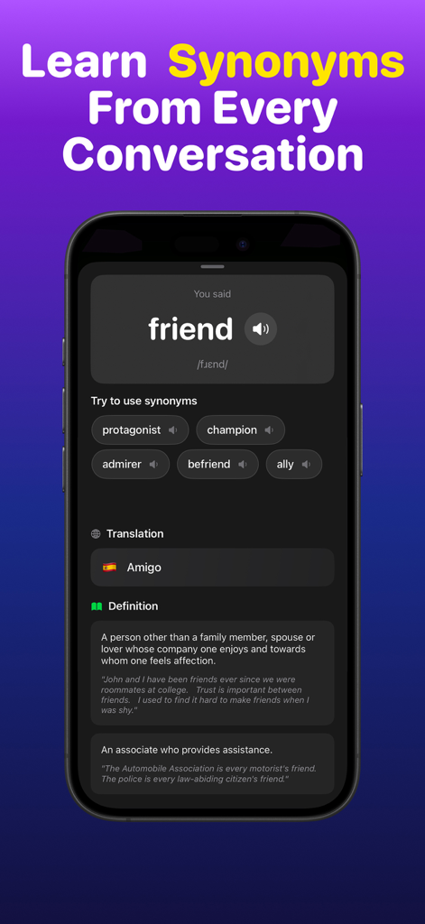AI Speak English - Practice Me - Interfaz de la aplicación AI Speak English que muestra sinónimos, traducción y definiciones de la palabra 'amigo'.