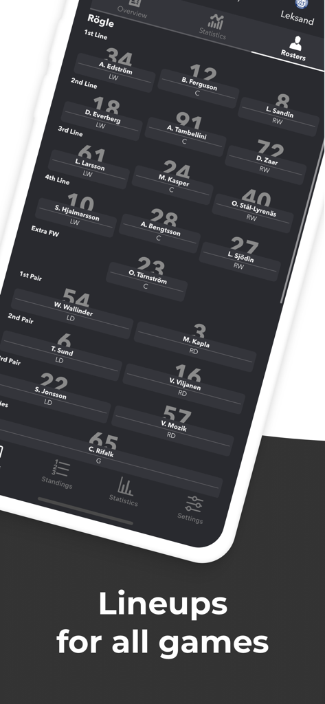 SHLive - SHLive app interface showing detailed ice hockey team lineups and player rosters for the Swedish Hockey League