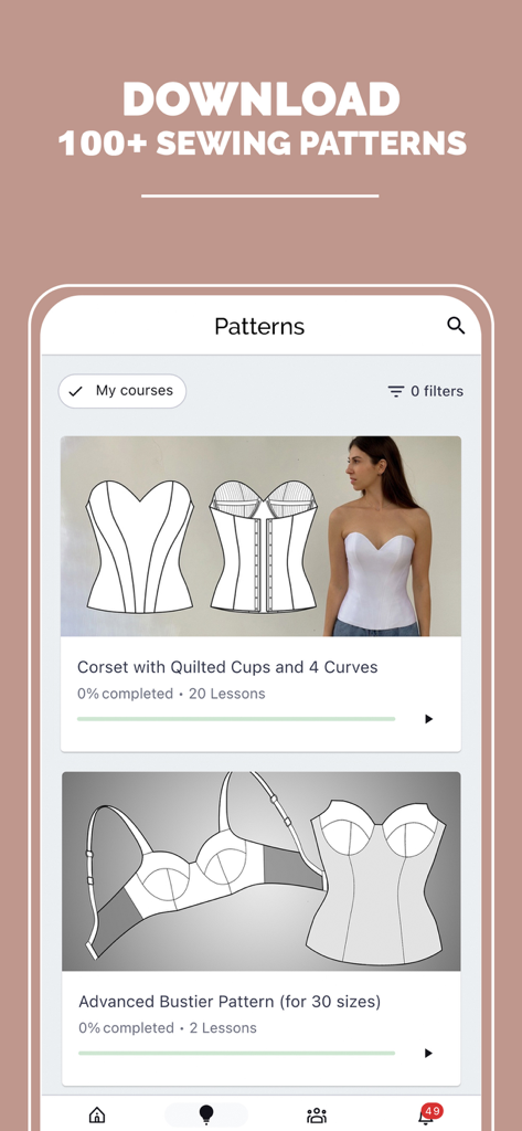 Dressmaking Academy - Interface of the Dressmaking Academy app showing a list of downloadable sewing patterns for corsets and bustiers.
