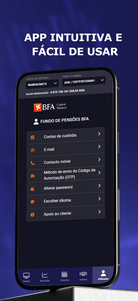 BFA CM BROKER - Tela de configurações do aplicativo BFA CM BROKER para gerenciar contas de investimento