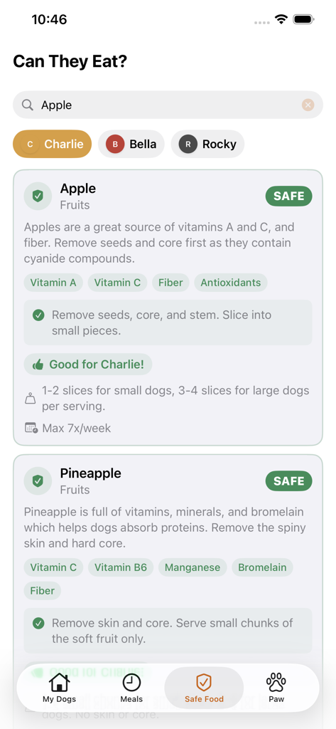 Interface of the Feed My Dog app showing human food safety ratings and preparation tips for dogs