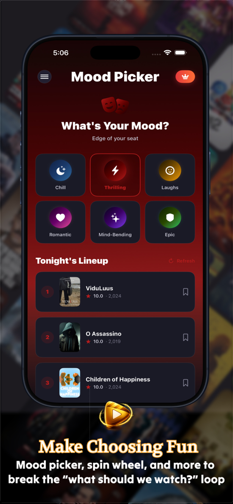 Cinema Box : Movies & Showbox - Cinema Box app Mood Picker screen showing movie categories like Thrilling and Romantic with a recommended Tonight Lineup of films