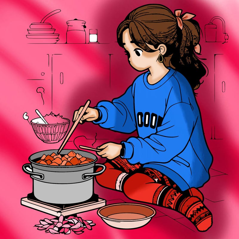 girl with sweatshirt and socks cooking, very realistic