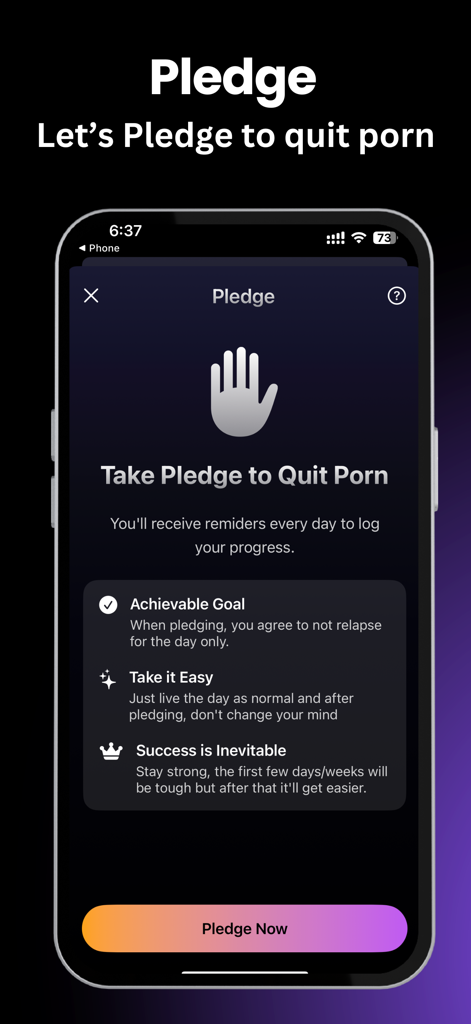 QuitHub - Quit Porn Now - Una interfaz móvil para la aplicación QuitHub que muestra una pantalla de compromiso diario para dejar la pornografía con objetivos motivacionales y un botón naranja.