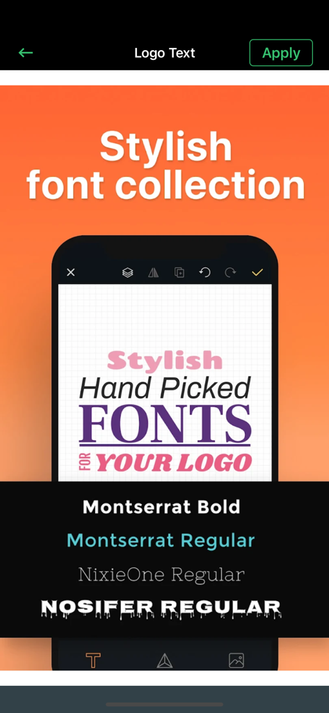 Make a Logo-Design Your Brand - Uma tela de aplicativo móvel exibindo uma coleção de fontes estilosas, incluindo Montserrat e Nosifer para design de logotipo personalizado.