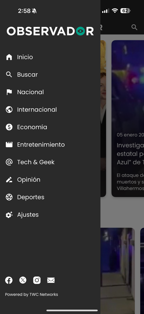 El menú lateral de navegación de la app de noticias Observador que muestra categorías como Nacional, Internacional, Economía y Deportes en español.