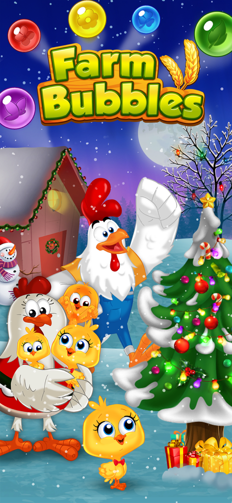 Farm Bubbles Bubble Shooter - Farm Bubbles Bubble Shooter Christmas theme with cartoon chickens and holiday decorations in the snow