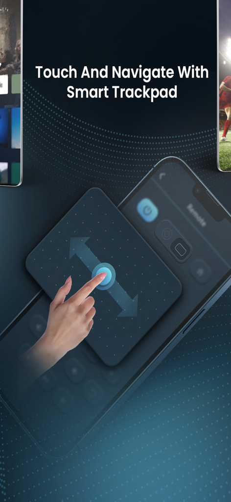 Miracast ﾠ - Pantalla de smartphone que muestra la función de trackpad inteligente para navegar por una interfaz de TV.