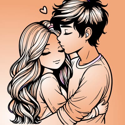 a realistic couple boy and girl hugging and kissing