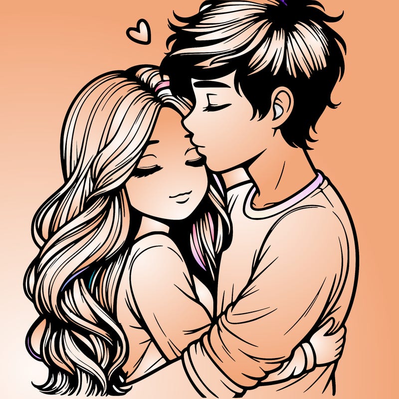 a realistic couple boy and girl hugging and kissing