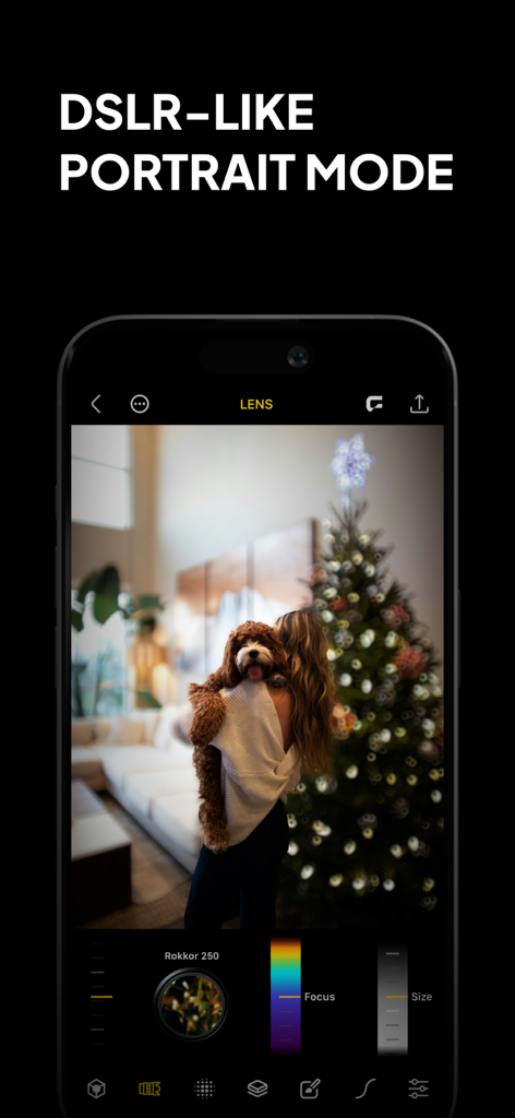 Phocus: Portrait Mode Editor - Phocus app interface showing DSLR-like portrait mode with bokeh blur and manual lens controls on a photo of a person holding a dog